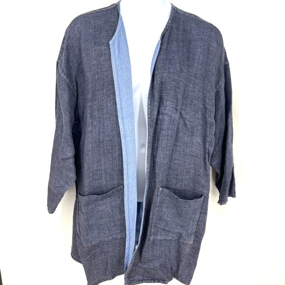 VTG Eileen Fisher Reversible Two Tone Blue Linen Open Front Jacket 2XL **READ** - Picture 1 of 8